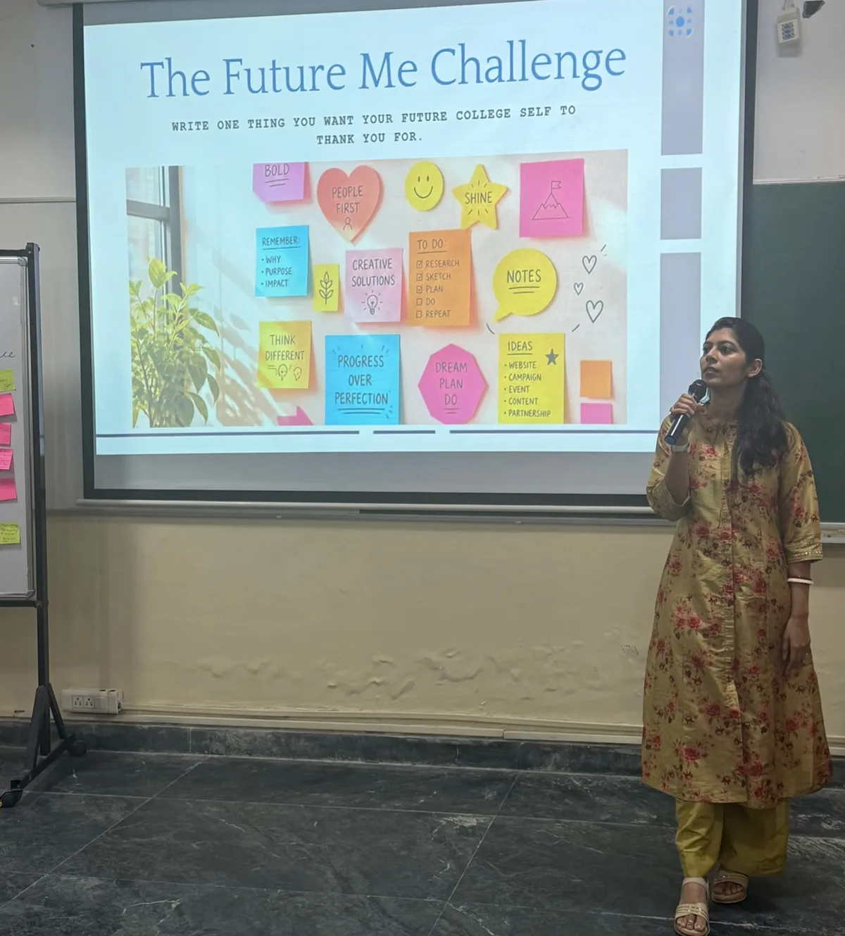 Dr. Antara Thakur leading "The Future Me Challenge" activity with students
